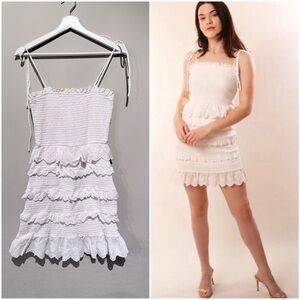 STORIA Eyelet Smocked Mini Dress White Adjustable Straps Stretch Women M Summer